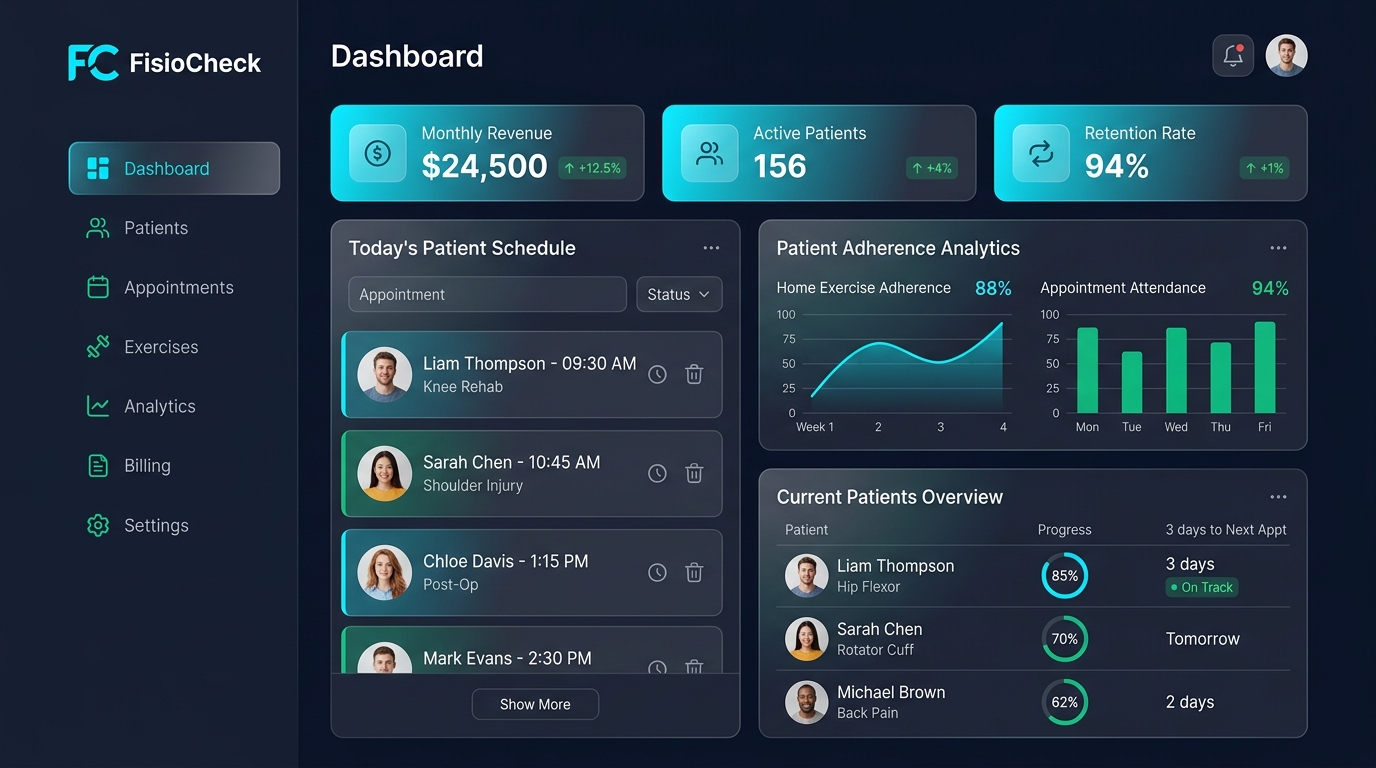 Panel de administración de FisioCheck para gestión de clínicas de fisioterapia — vista de dashboard con métricas de pacientes, ingresos y adherencia